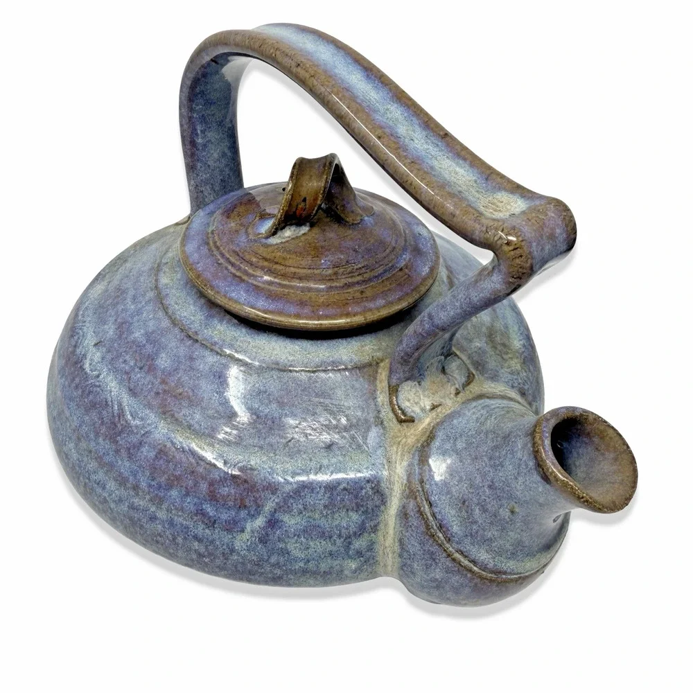 Studio Pottery Teapot Signed Iris Minc '92 Blue Glaze Art Ceramic Handmade